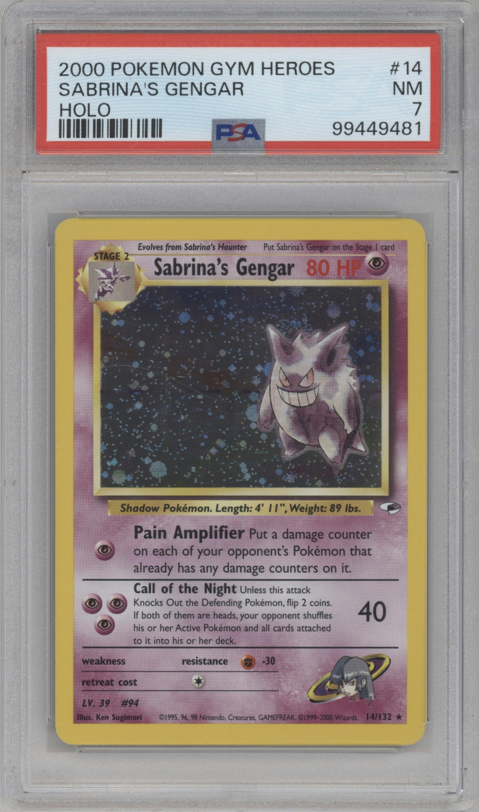 Sabrina's Gengar from the 2000 Pokemon GH set graded by PSA and given an overall grade of 7.