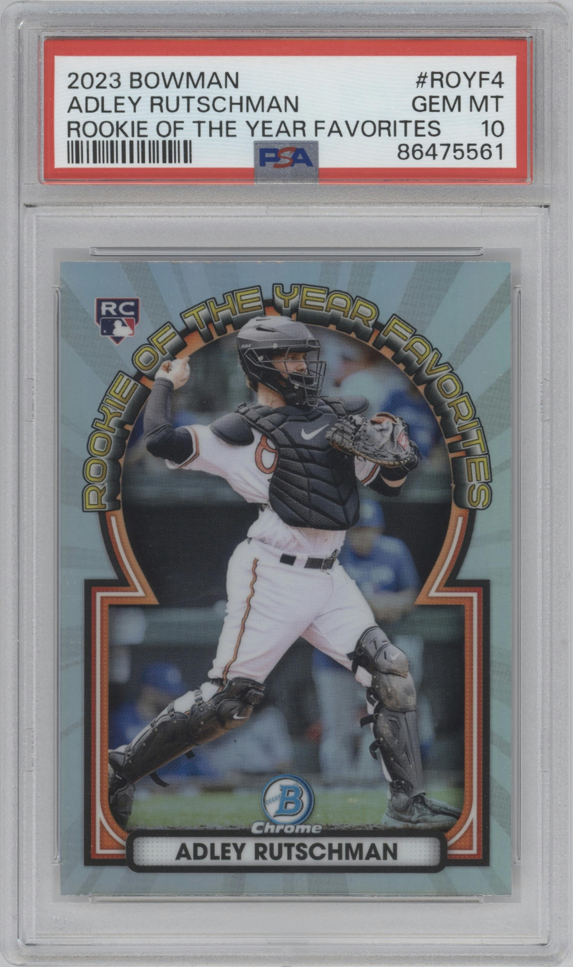Adley Rutschman from the 2023 Bowman  set graded by PSA and given an overall grade of 10.