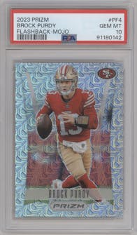 Brock Purdy from the 2023 Panini Prizm set featuring a Mojo parallel graded by PSA and given an overall grade of 10.