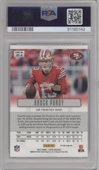 Brock Purdy from the 2023 Panini Prizm set featuring a Mojo parallel graded by PSA and given an overall grade of 10.