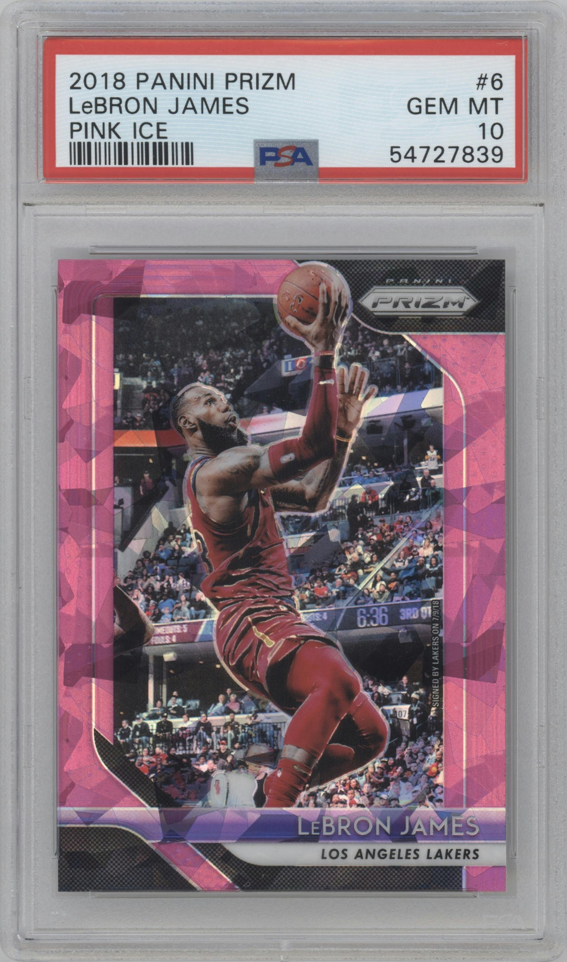 LeBron James from the 2018-19 Panini Prizm set featuring a Pink Ice parallel graded by PSA and given an overall grade of 10.
