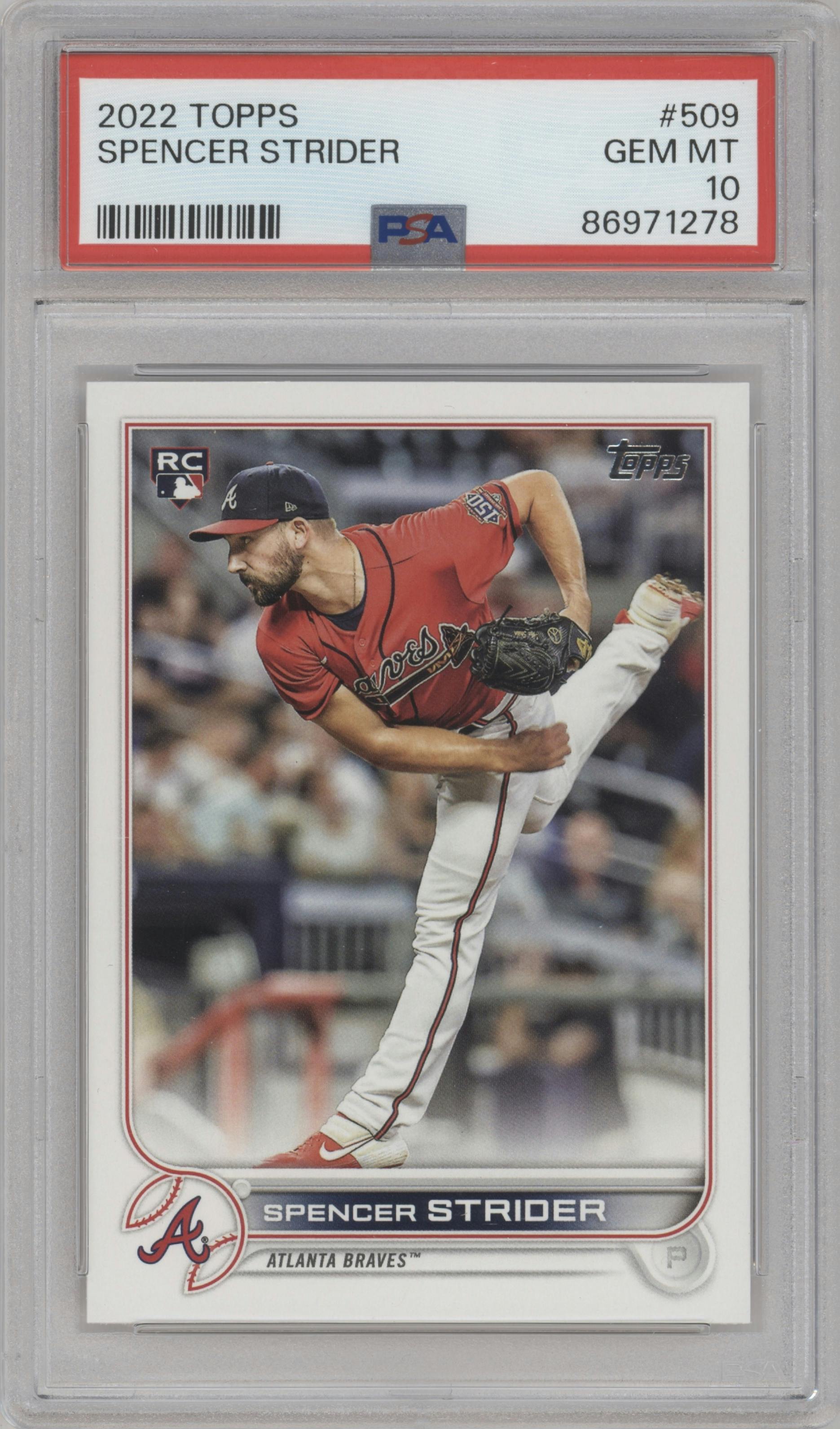 Spencer Strider from the 2022 Topps Series 2 set graded by PSA and given an overall grade of 10.