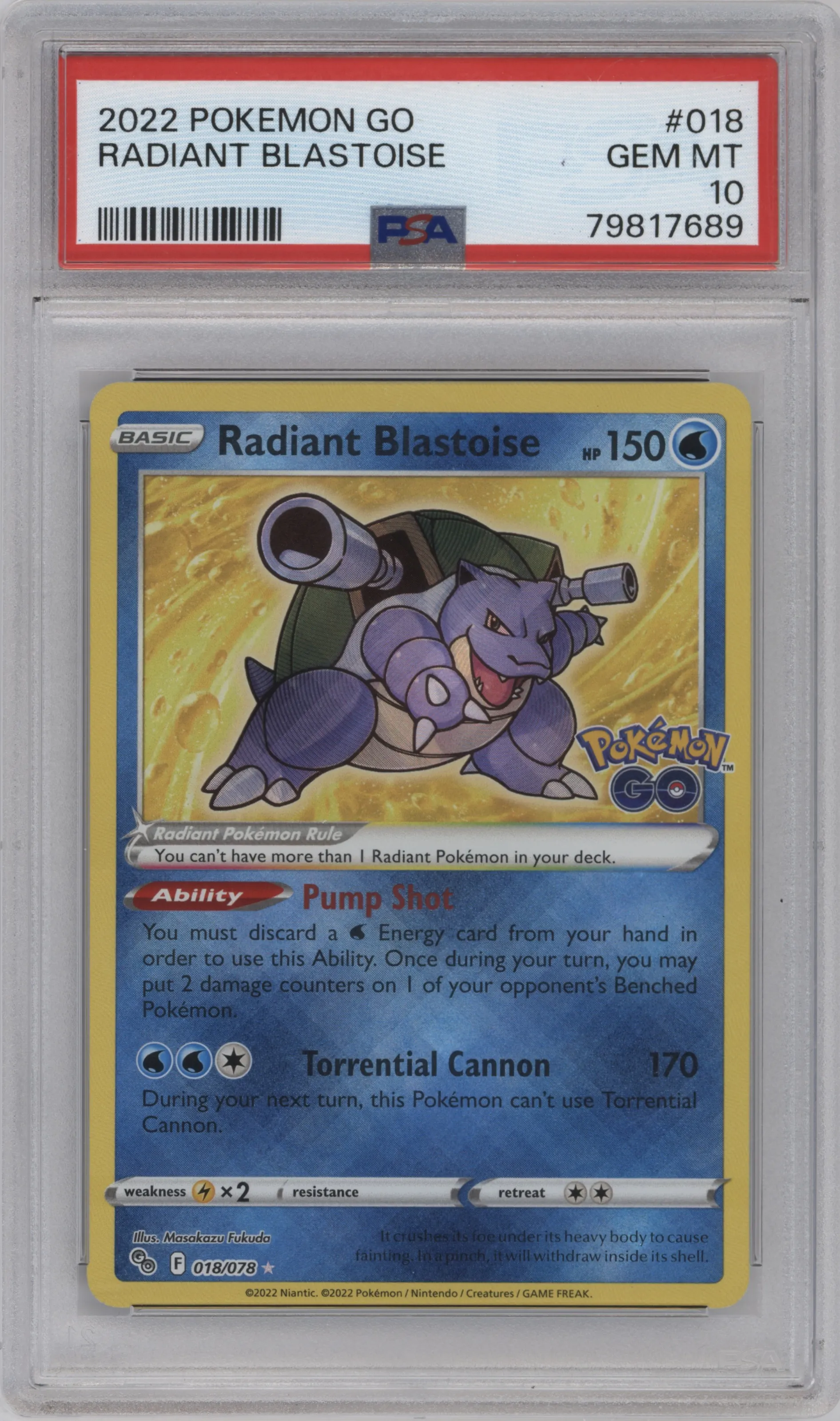 2022 Pokemon SWSH Pokemon GO Radiant Blastoise #018 PSA 10