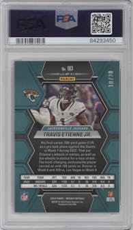 Travis Etienne Jr. from the 2023 Panini Mosaic set featuring a No Huddle Pink parallel graded by PSA and given an overall grade of 10.
