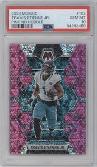 Travis Etienne Jr. from the 2023 Panini Mosaic set featuring a No Huddle Pink parallel graded by PSA and given an overall grade of 10.