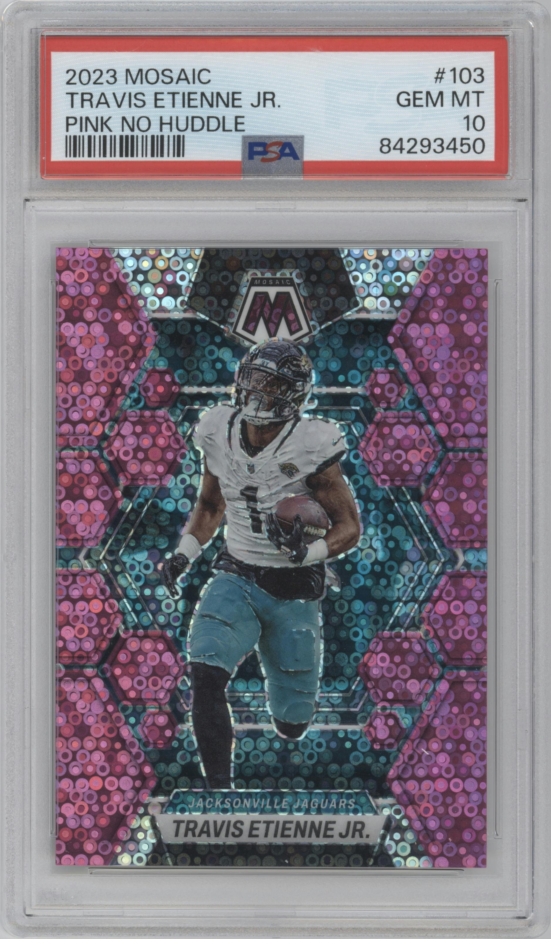 Travis Etienne Jr. from the 2023 Panini Mosaic set featuring a No Huddle Pink parallel graded by PSA and given an overall grade of 10.