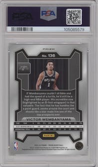 Victor Wembanyama from the 2023-24 Panini Prizm set featuring a Silver Prizm  parallel graded by PSA and given an overall grade of 10.