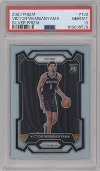 Victor Wembanyama from the 2023-24 Panini Prizm set featuring a Silver Prizm  parallel graded by PSA and given an overall grade of 10.
