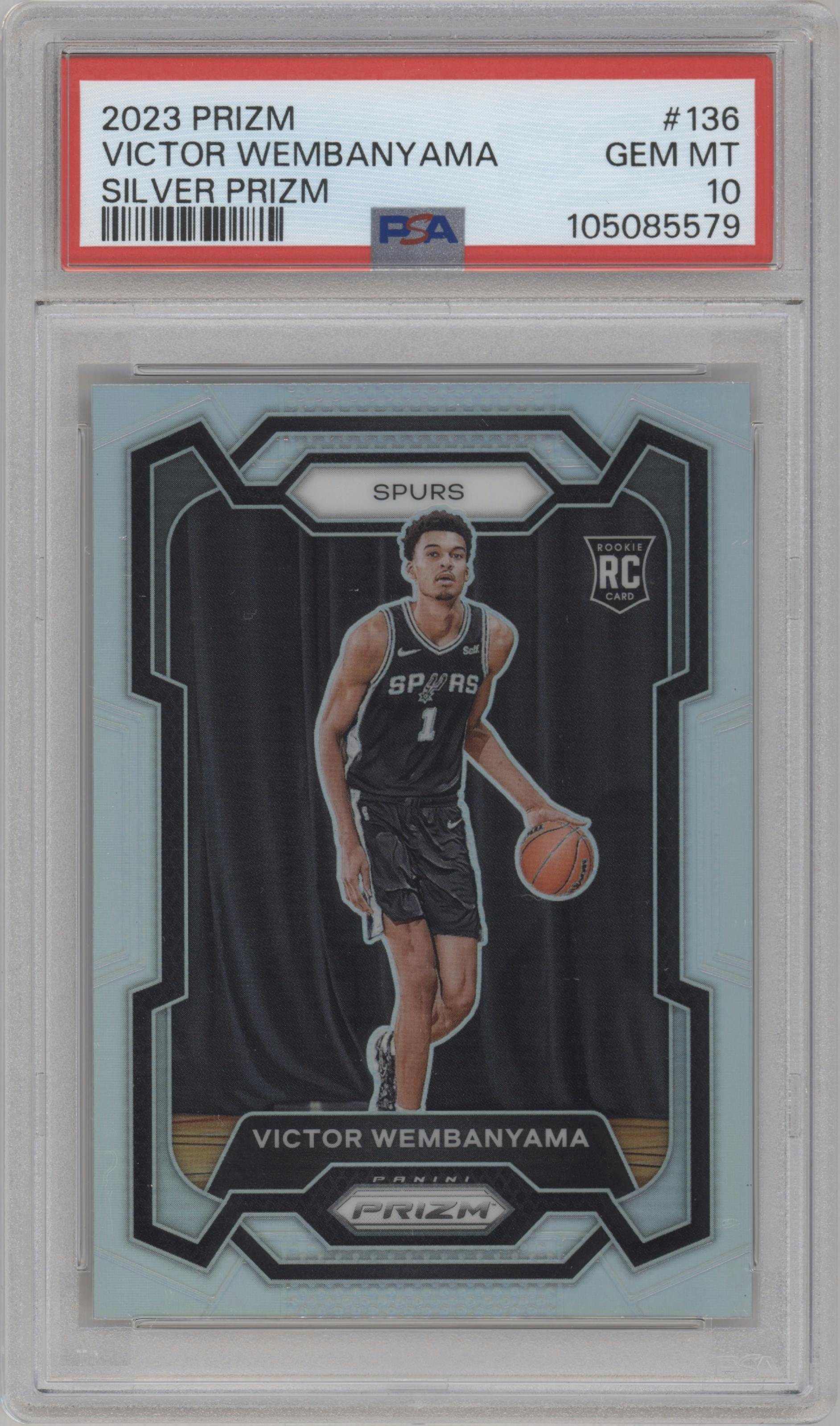 Victor Wembanyama from the 2023-24 Panini Prizm set featuring a Silver Prizm  parallel graded by PSA and given an overall grade of 10.