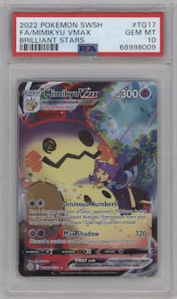 Mimikyu VMAX from the 2022 Pokemon SWSH set graded by PSA and given an overall grade of 10.