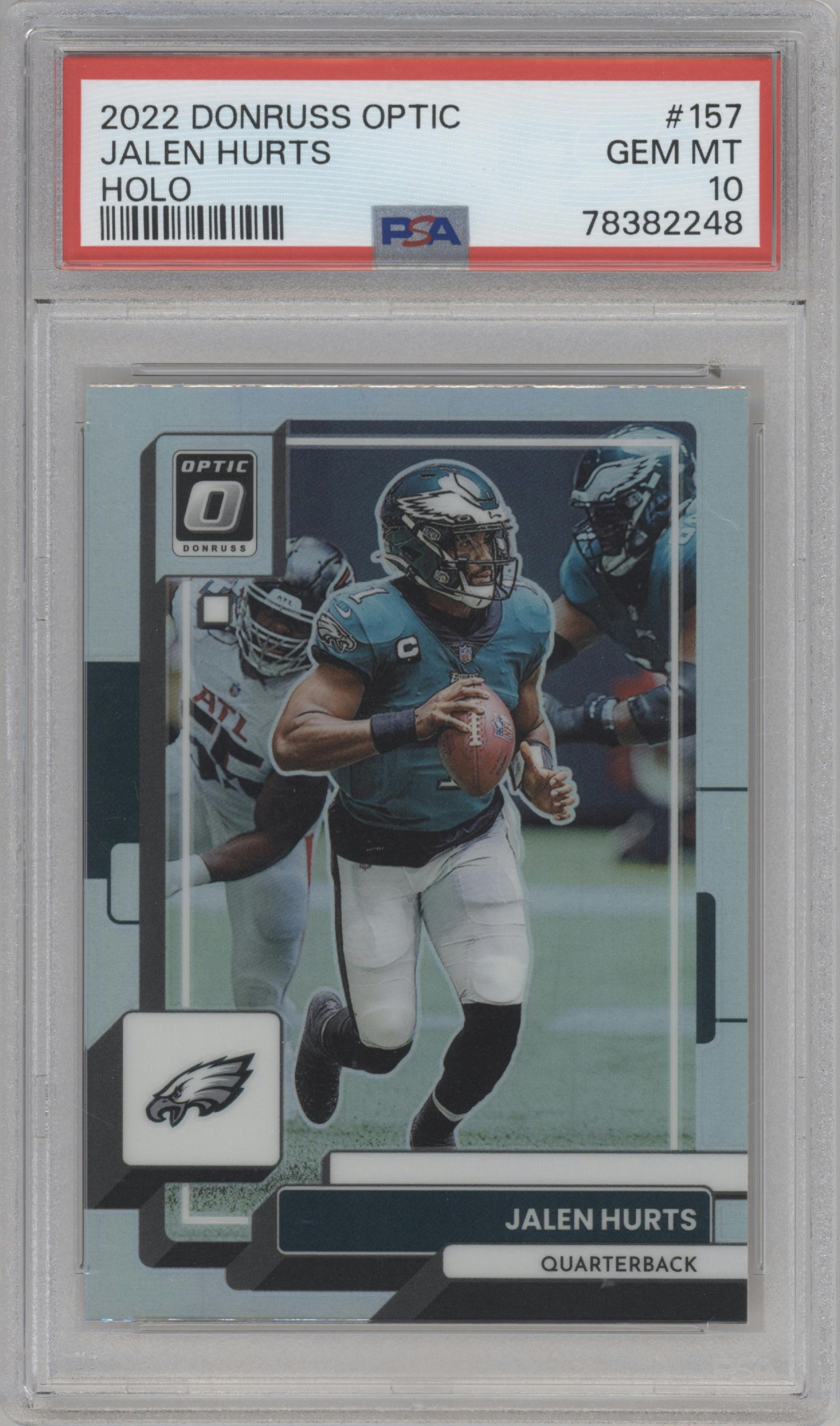 Jalen Hurts from the 2022 Panini Donruss Optic set featuring a Holo parallel graded by PSA and given an overall grade of 10.