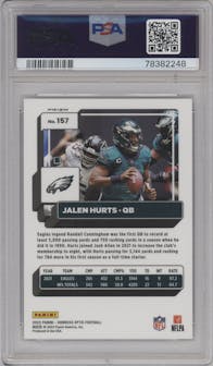 Jalen Hurts from the 2022 Panini Donruss Optic set featuring a Holo parallel graded by PSA and given an overall grade of 10.