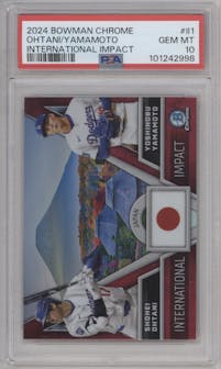 Shohei Ohtani/Yoshinobu Yamamoto from the 2024 Bowman Chrome set graded by PSA and given an overall grade of 10.
