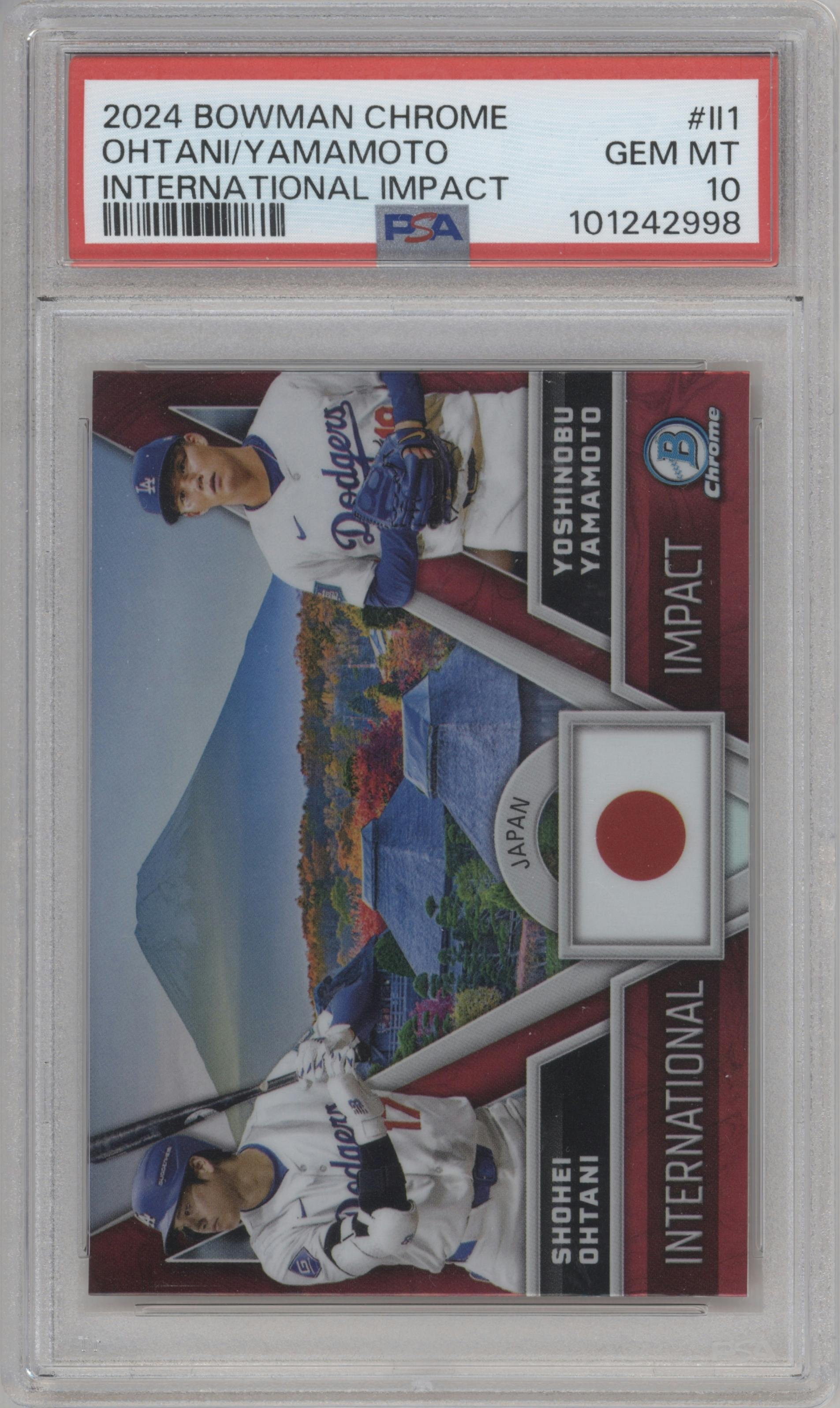 Shohei Ohtani/Yoshinobu Yamamoto from the 2024 Bowman Chrome set graded by PSA and given an overall grade of 10.