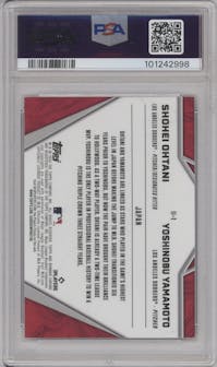 Shohei Ohtani/Yoshinobu Yamamoto from the 2024 Bowman Chrome set graded by PSA and given an overall grade of 10.