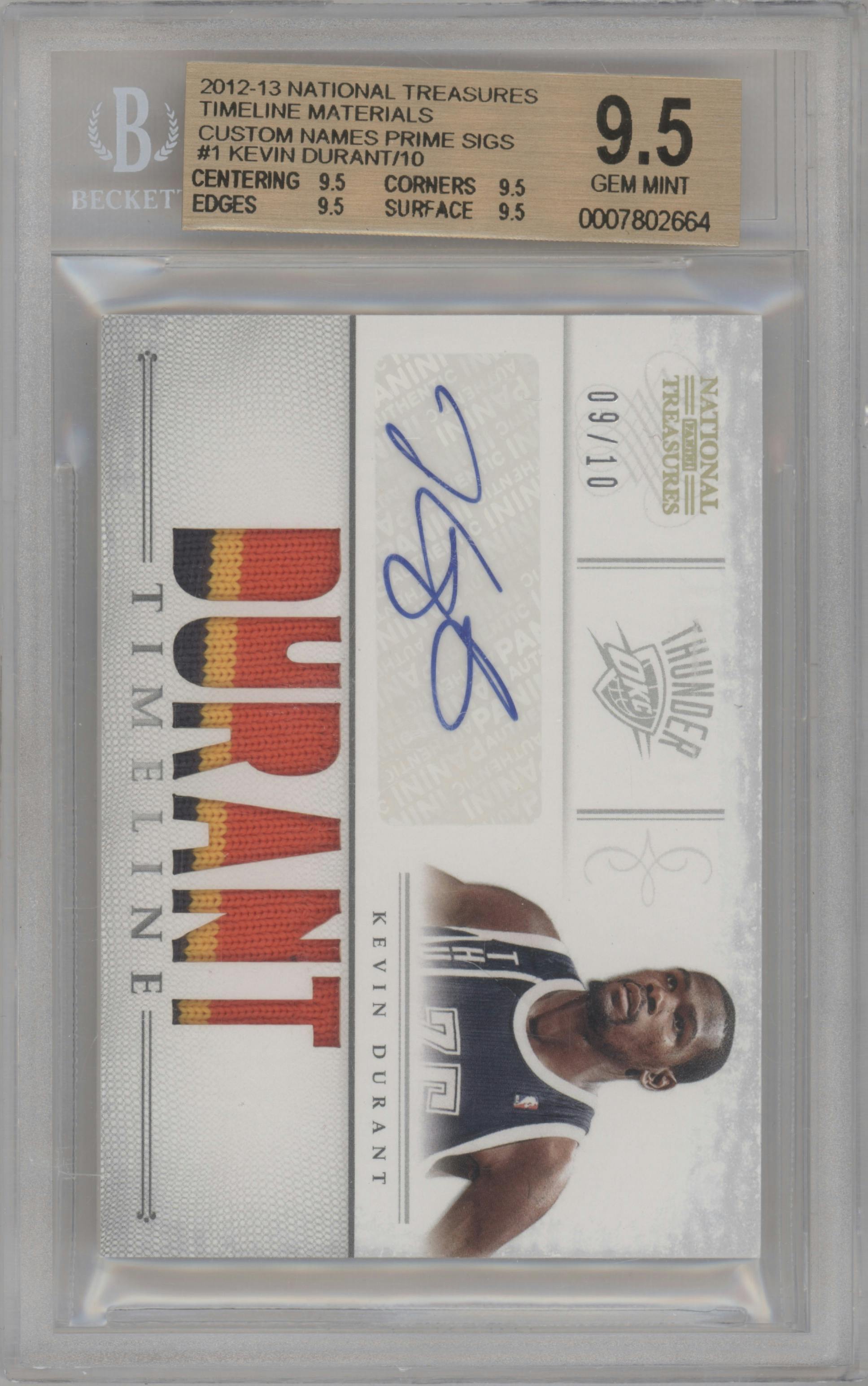 Kevin Durant from the 2012-13 Panini National Treasures set graded by Beckett and given an overall grade of 9.5.