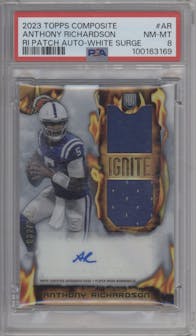 Anthony Richardson from the 2023 Topps Composite set featuring a White Surge parallel graded by PSA and given an overall grade of 8.