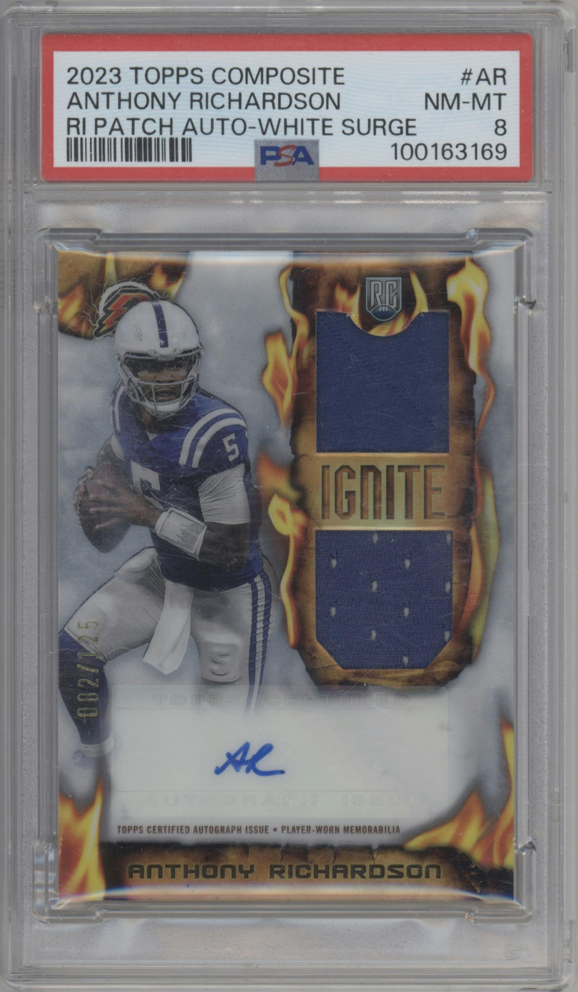 Anthony Richardson from the 2023 Topps Composite set featuring a White Surge parallel graded by PSA and given an overall grade of 8.