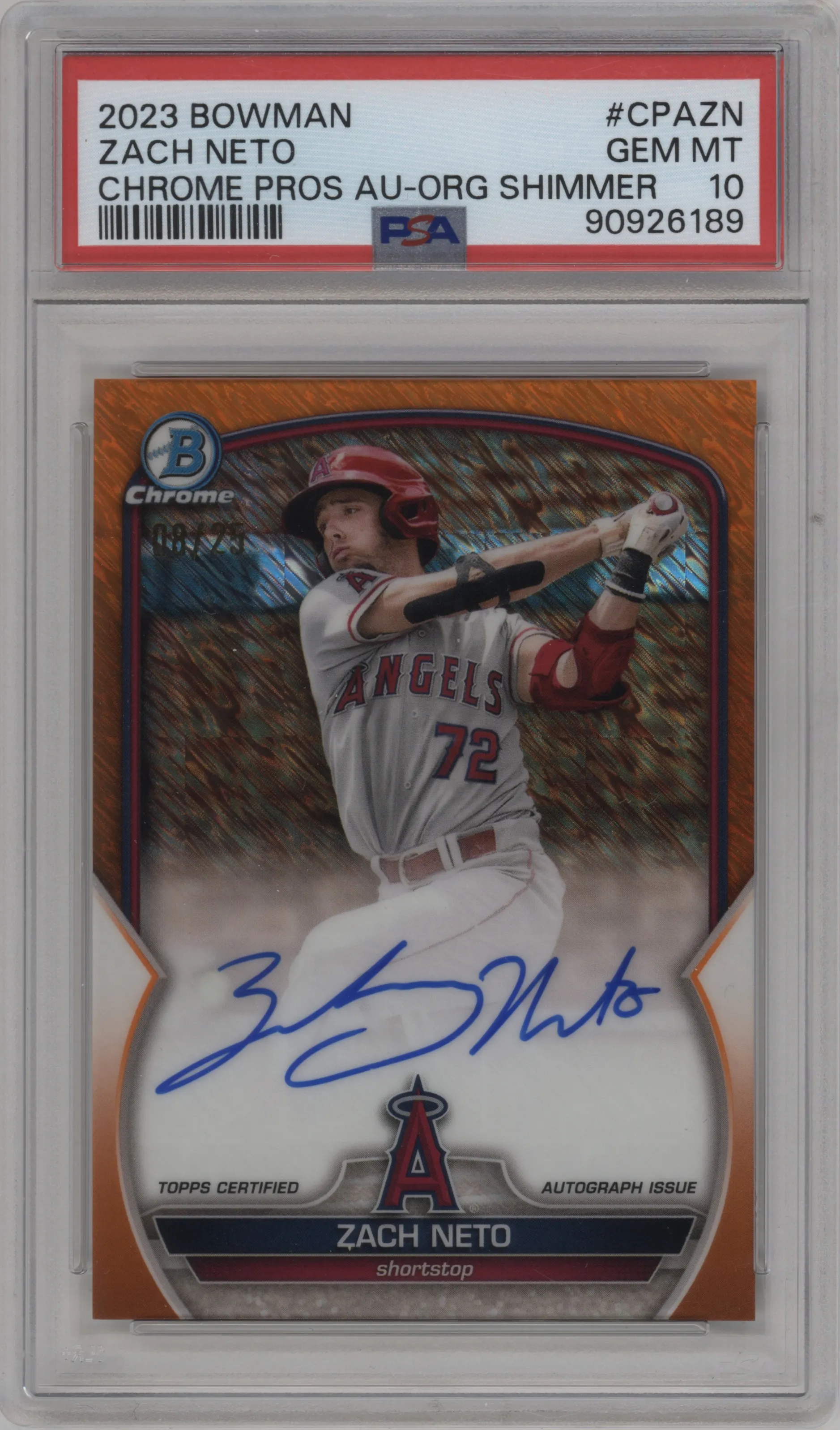 2023 Bowman Chr.Pros.Auto Zach Neto Orange Shimmer Refractor PSA 10