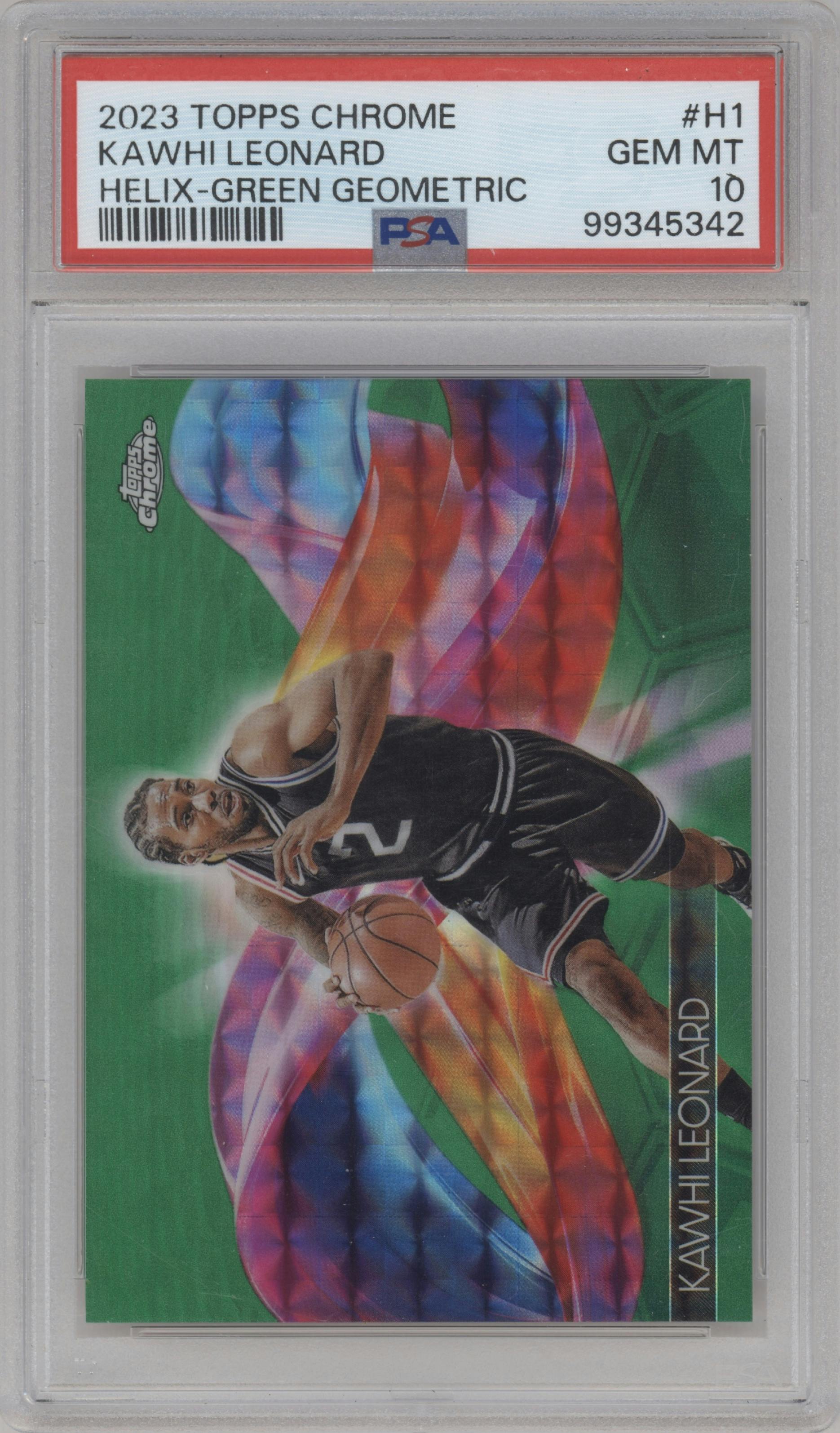 Kawhi Leonard from the 2023-24 Topps Chrome set featuring a Green Geometric parallel graded by PSA and given an overall grade of 10.