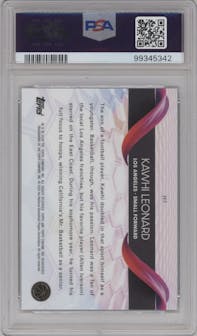Kawhi Leonard from the 2023-24 Topps Chrome set featuring a Green Geometric parallel graded by PSA and given an overall grade of 10.