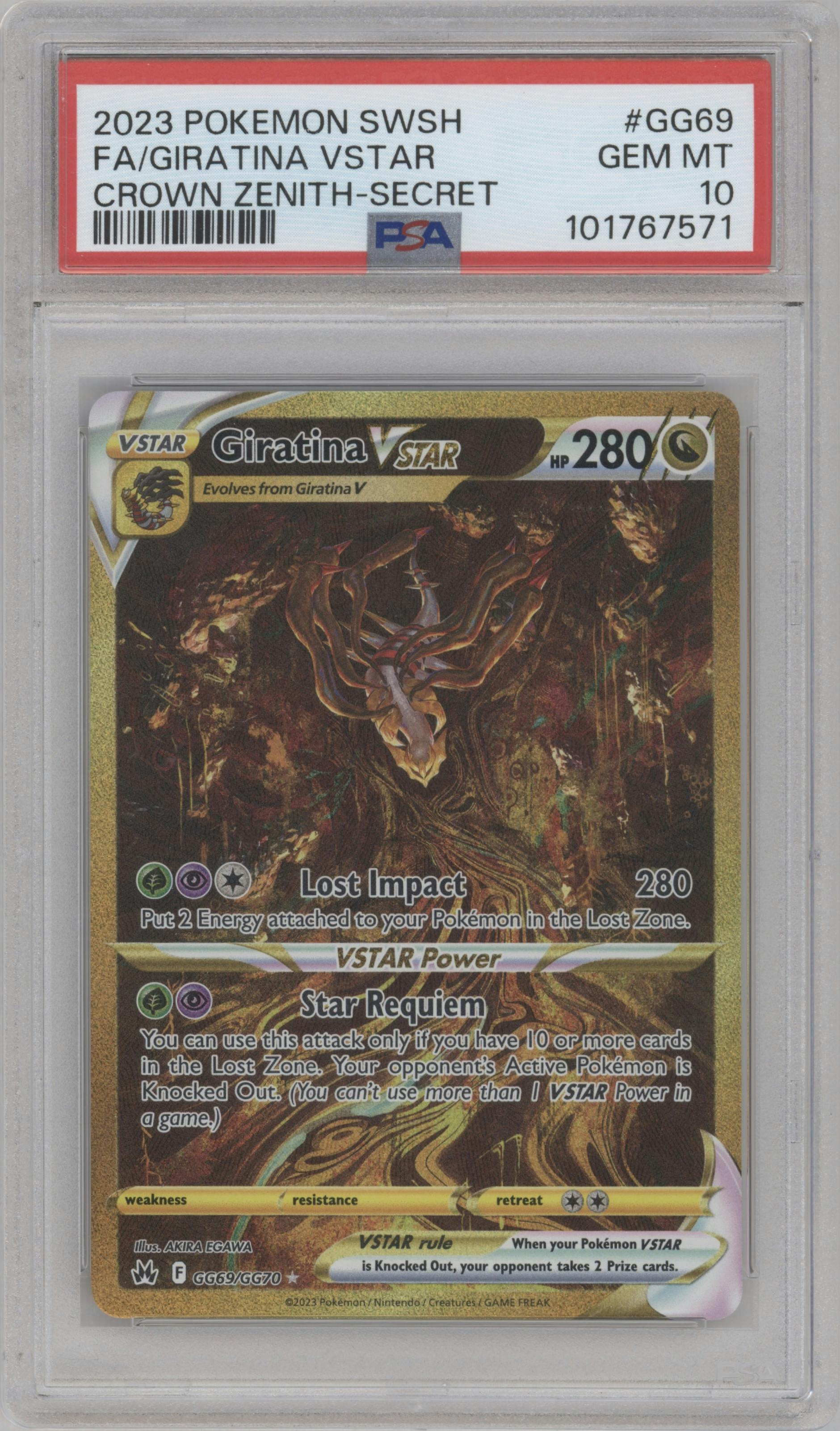 Giratina VSTAR from the 2023 Pokemon SWSH set graded by PSA and given an overall grade of 10.