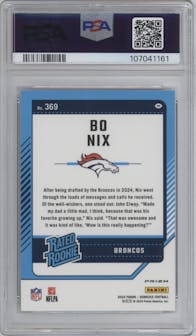 Bo Nix from the 2024 Donruss set featuring a Red and Green parallel graded by PSA and given an overall grade of 10.