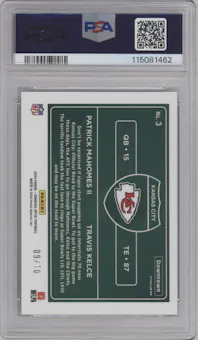 Patrick Mahomes II/Travis Kelce from the 2024 Donruss Optic set featuring a Gold parallel graded by PSA and given an overall grade of 10.