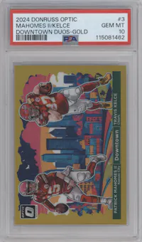 Patrick Mahomes II/Travis Kelce from the 2024 Donruss Optic set featuring a Gold parallel graded by PSA and given an overall grade of 10.