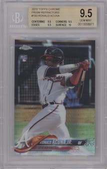 Ronald Acuna Jr. from the 2018 Topps Chrome set featuring a Prism Refractor parallel graded by Beckett and given an overall grade of 9.5.
