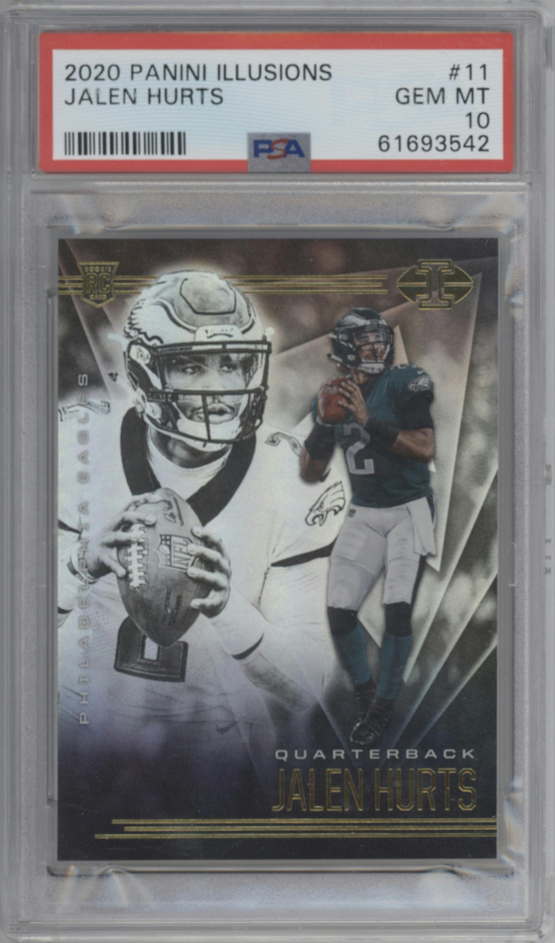 Jalen Hurts from the 2020 Panini Illusions set graded by PSA and given an overall grade of 10.