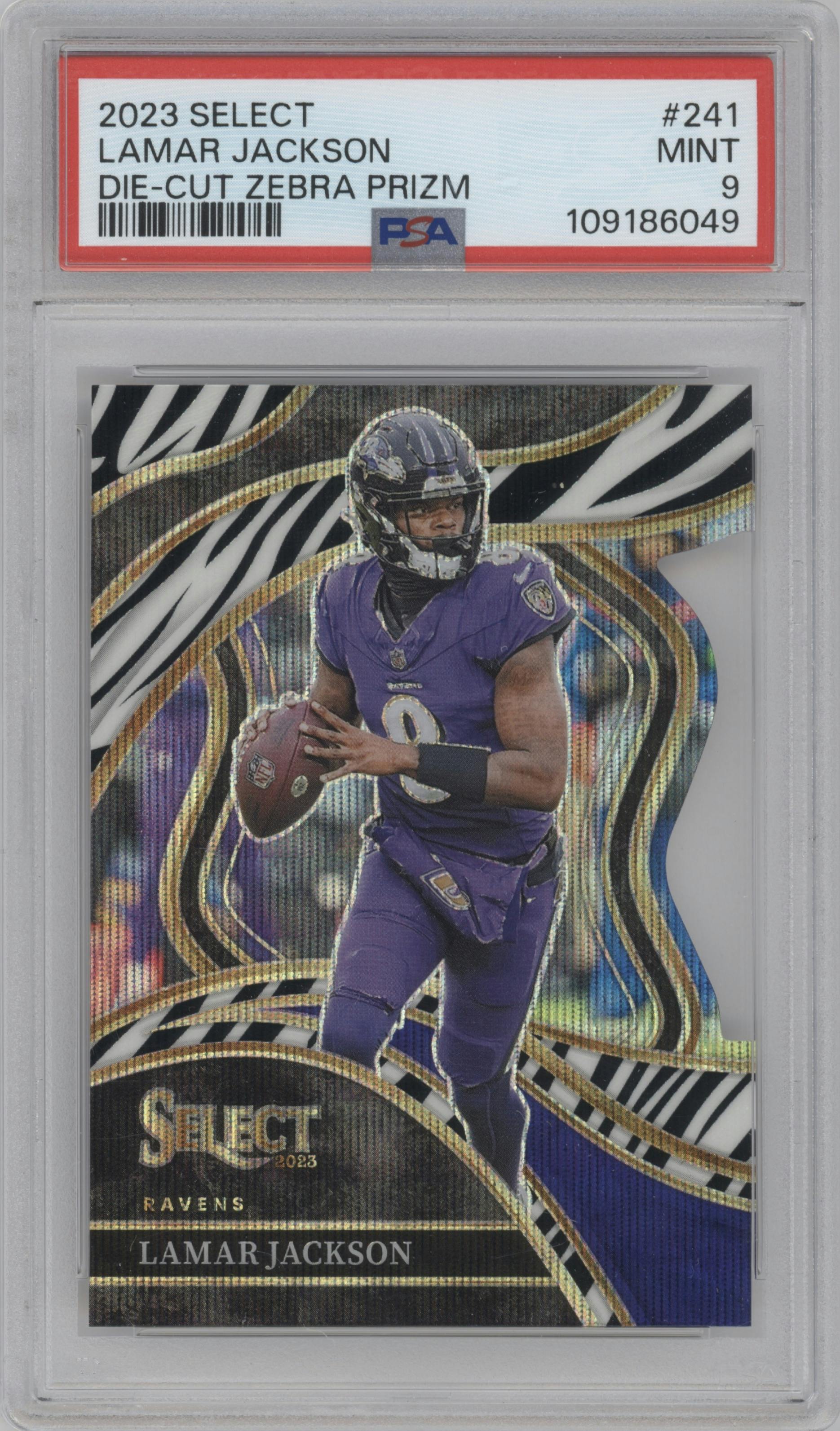 Lamar Jackson from the 2023 Panini Select set featuring a Die-Cut Zebra parallel graded by PSA and given an overall grade of 9.