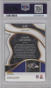 Lamar Jackson from the 2023 Panini Select set featuring a Die-Cut Zebra parallel graded by PSA and given an overall grade of 9.