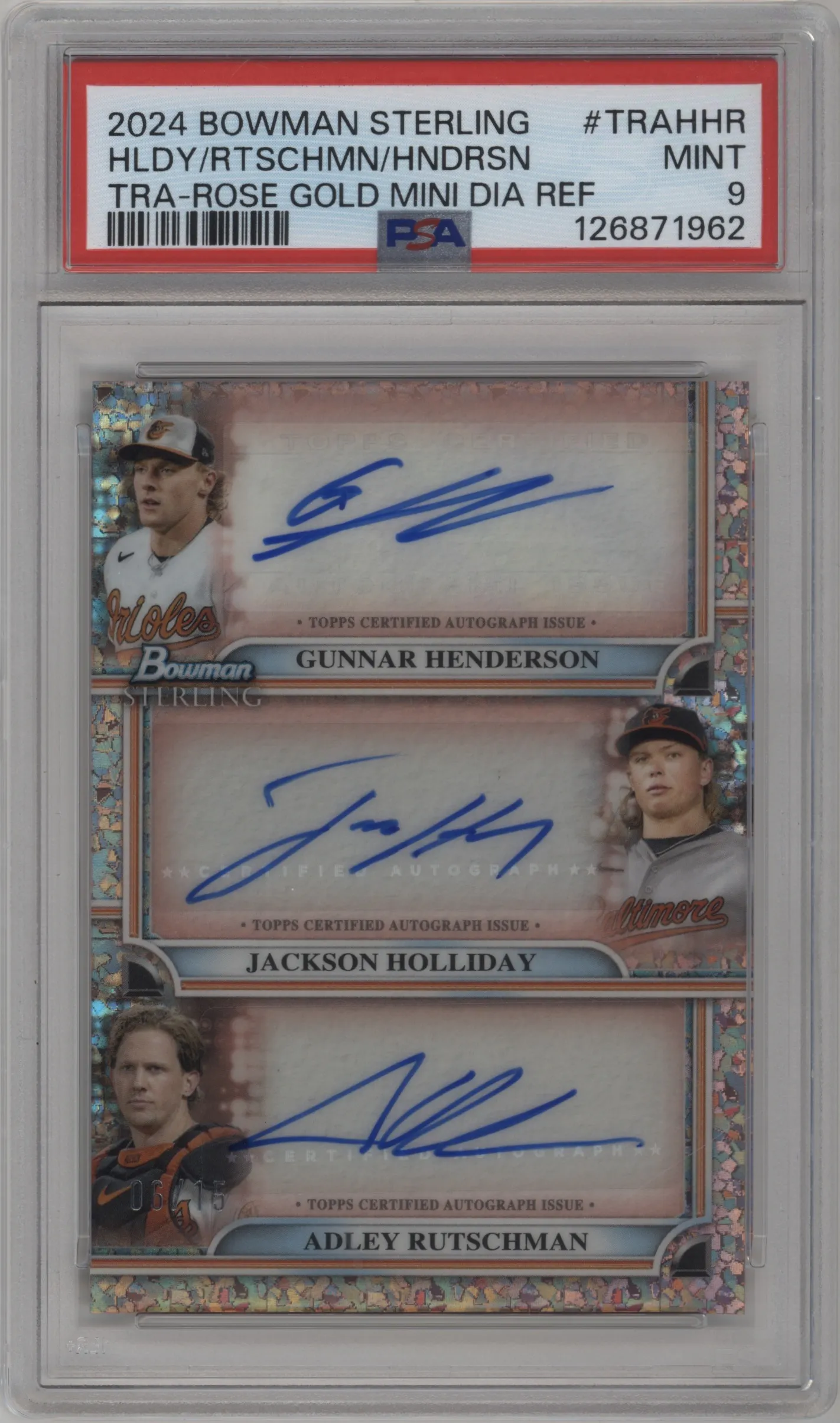 2024 Bowman Sterling Triple Ref.Auto Jackson Holliday/Adley Rutschman/Gunnar Henderson Rose Gold Mini-Diamond #TRA-HHR PSA 9