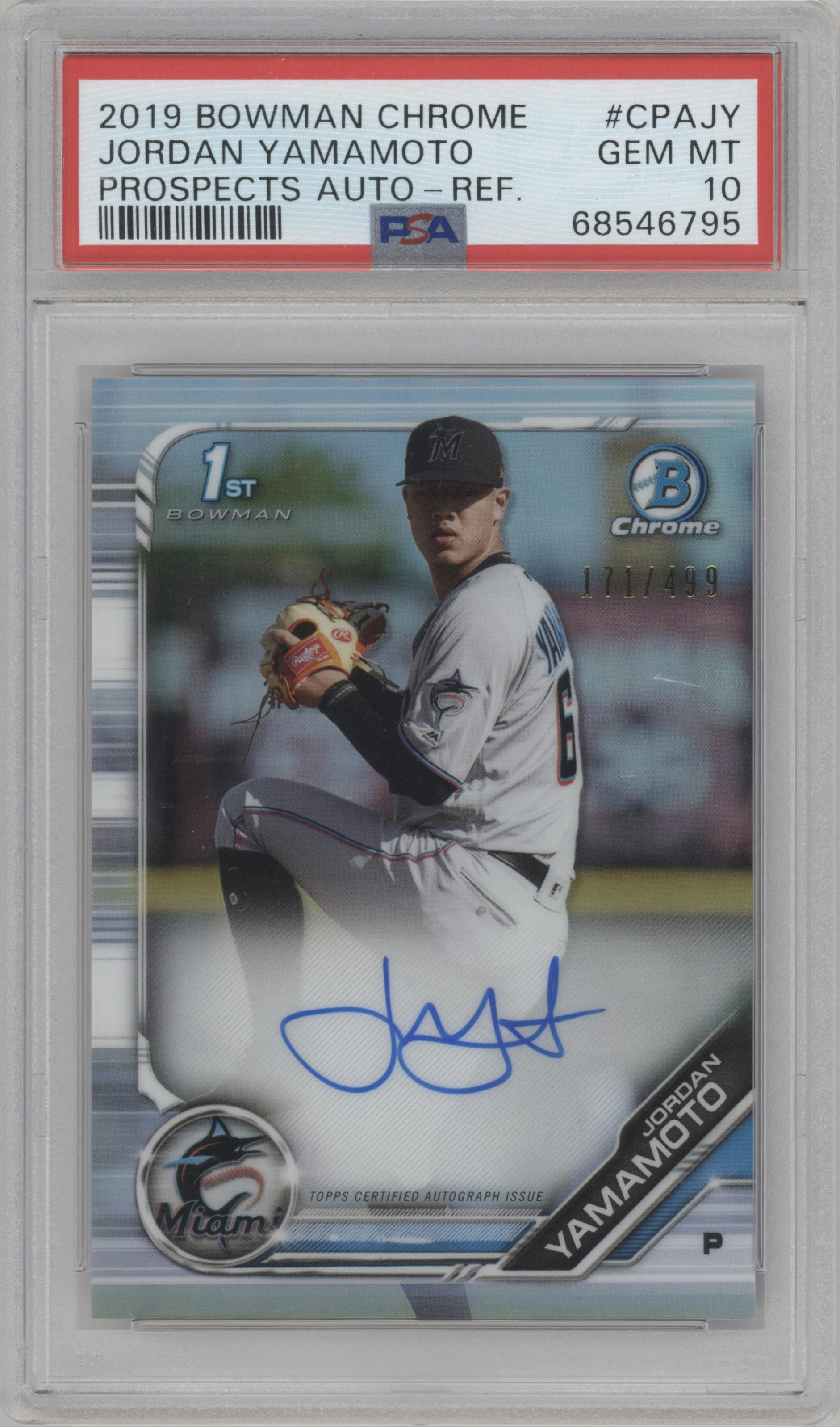 Jordan Yamamoto from the 2019 Bowman Chrome set featuring a Refractor parallel graded by PSA and given an overall grade of 10.