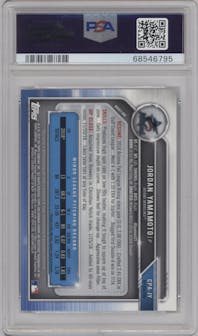 Jordan Yamamoto from the 2019 Bowman Chrome set featuring a Refractor parallel graded by PSA and given an overall grade of 10.