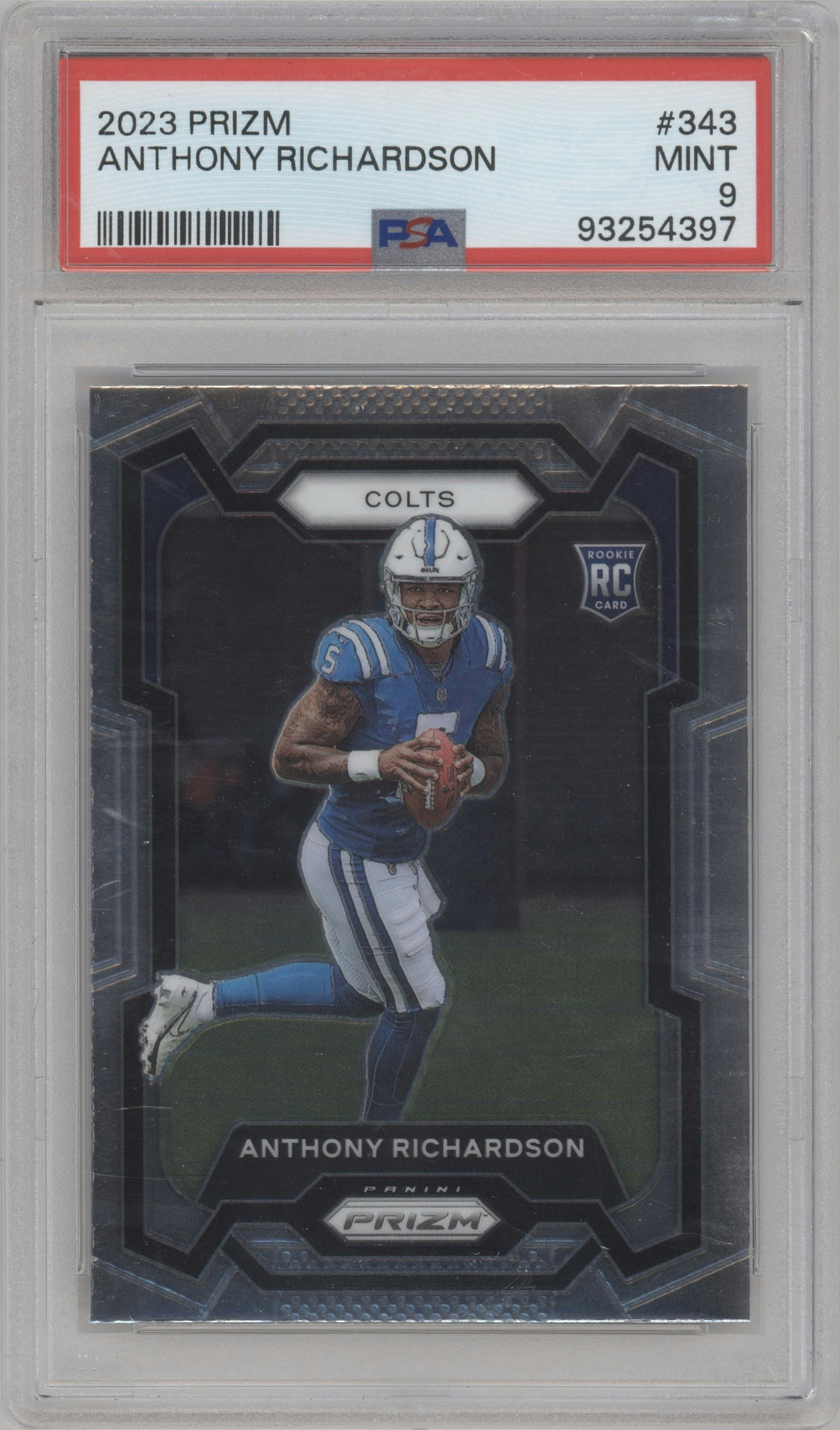 Anthony Richardson from the 2023 Panini Prizm set graded by PSA and given an overall grade of 9.