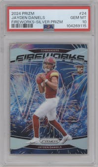 Jayden Daniels from the 2024 Panini Prizm set featuring a Silver Prizm parallel graded by PSA and given an overall grade of 10.