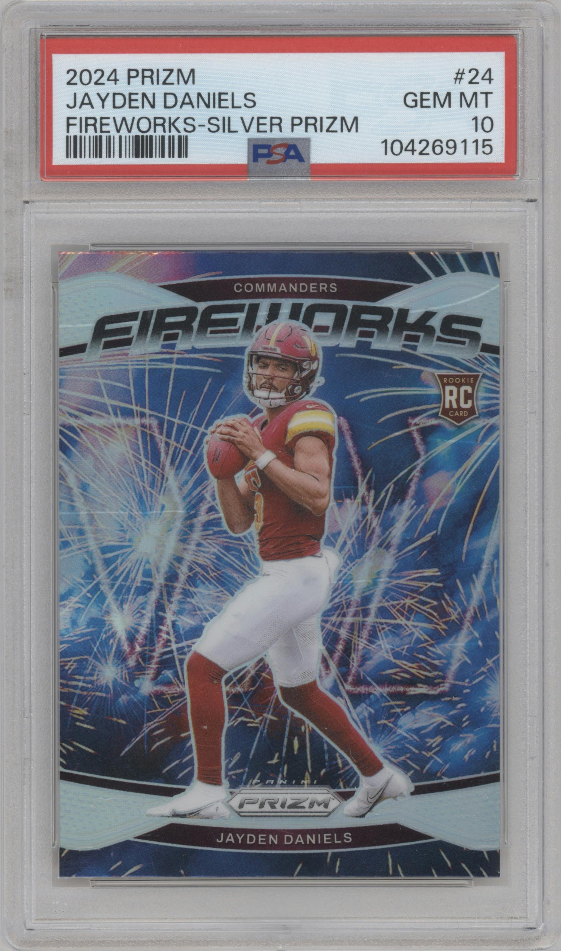 Jayden Daniels from the 2024 Panini Prizm set featuring a Silver Prizm parallel graded by PSA and given an overall grade of 10.