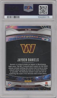 Jayden Daniels from the 2024 Panini Prizm set featuring a Silver Prizm parallel graded by PSA and given an overall grade of 10.