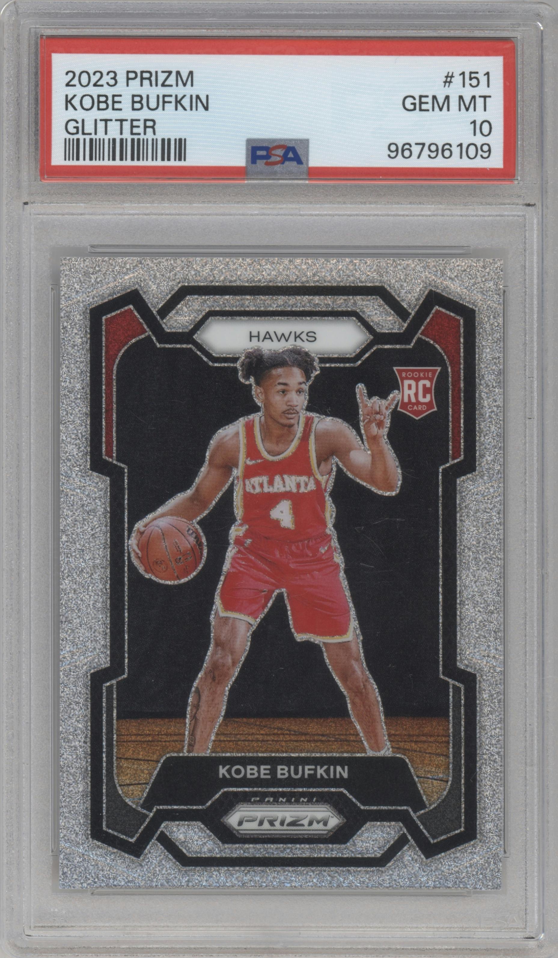 Kobe Bufkin from the 2023-24 Panini Prizm set featuring a Glitter Prizm parallel graded by PSA and given an overall grade of 10.