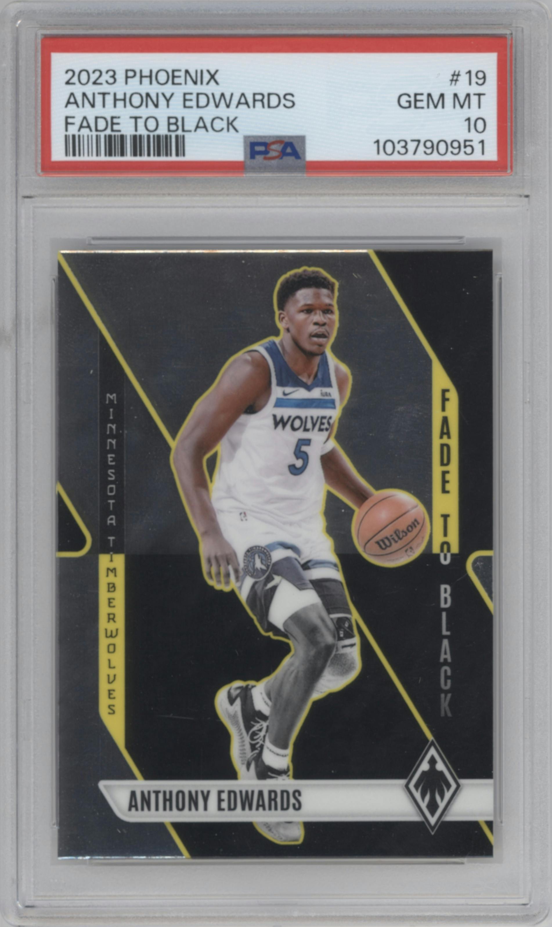 Anthony Edwards from the 2023-24 Panini Phoenix set graded by PSA and given an overall grade of 10.