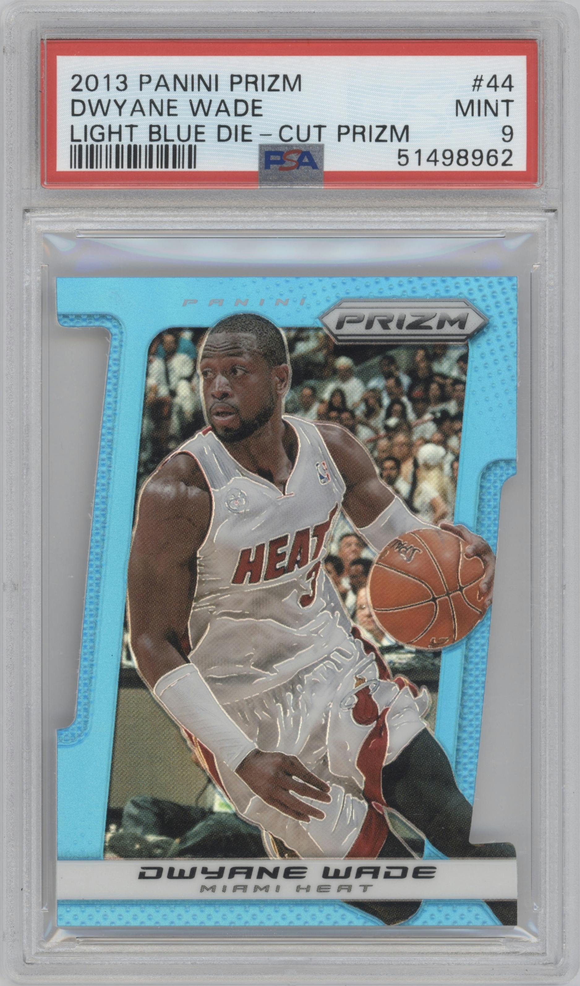 Dwyane Wade from the 2013-14 Panini Prizm set featuring a Die-Cut Light Blue  parallel graded by PSA and given an overall grade of 9.