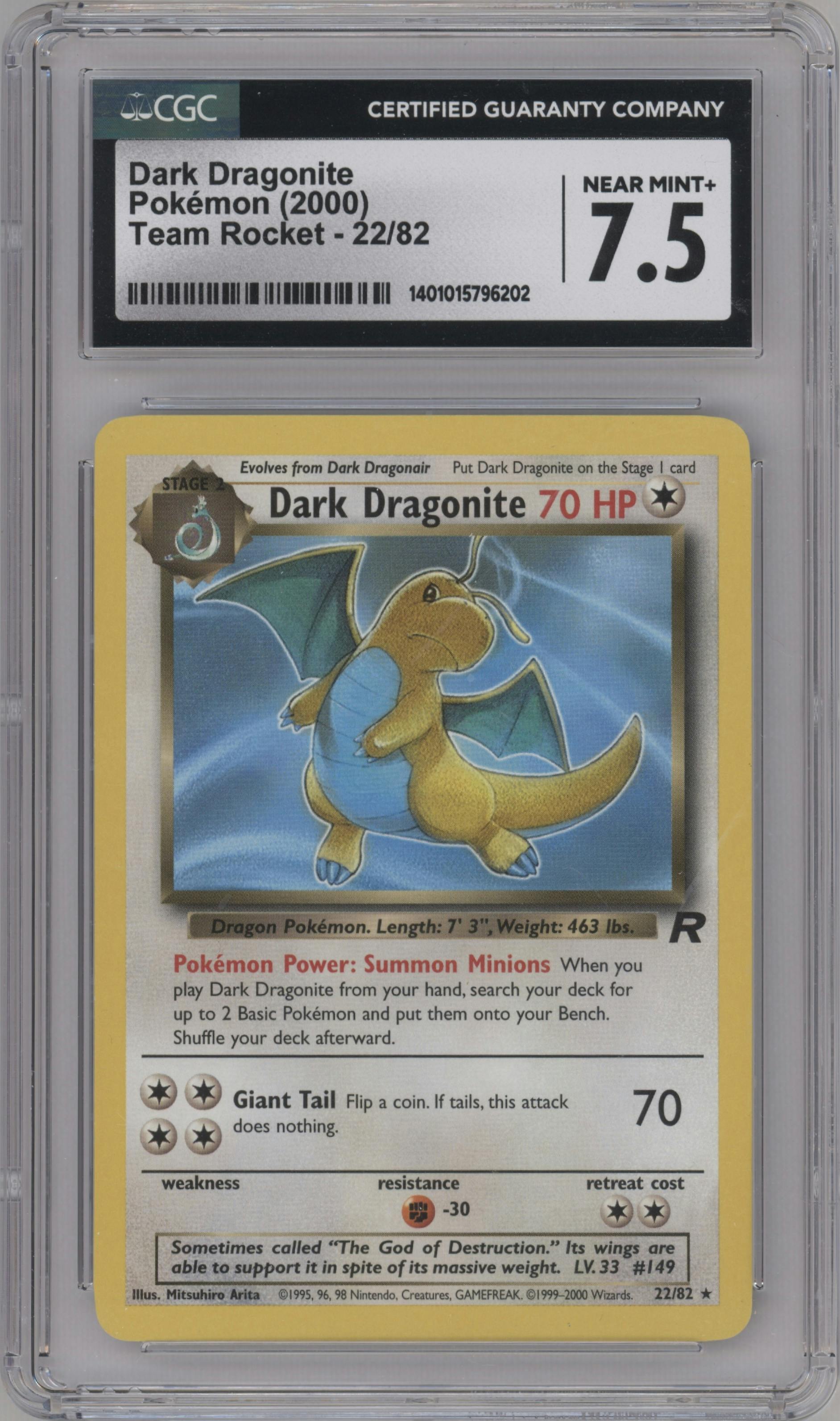 Dark Dragonite from the 2000 Pokemon set graded by CSG and given an overall grade of 7.5.