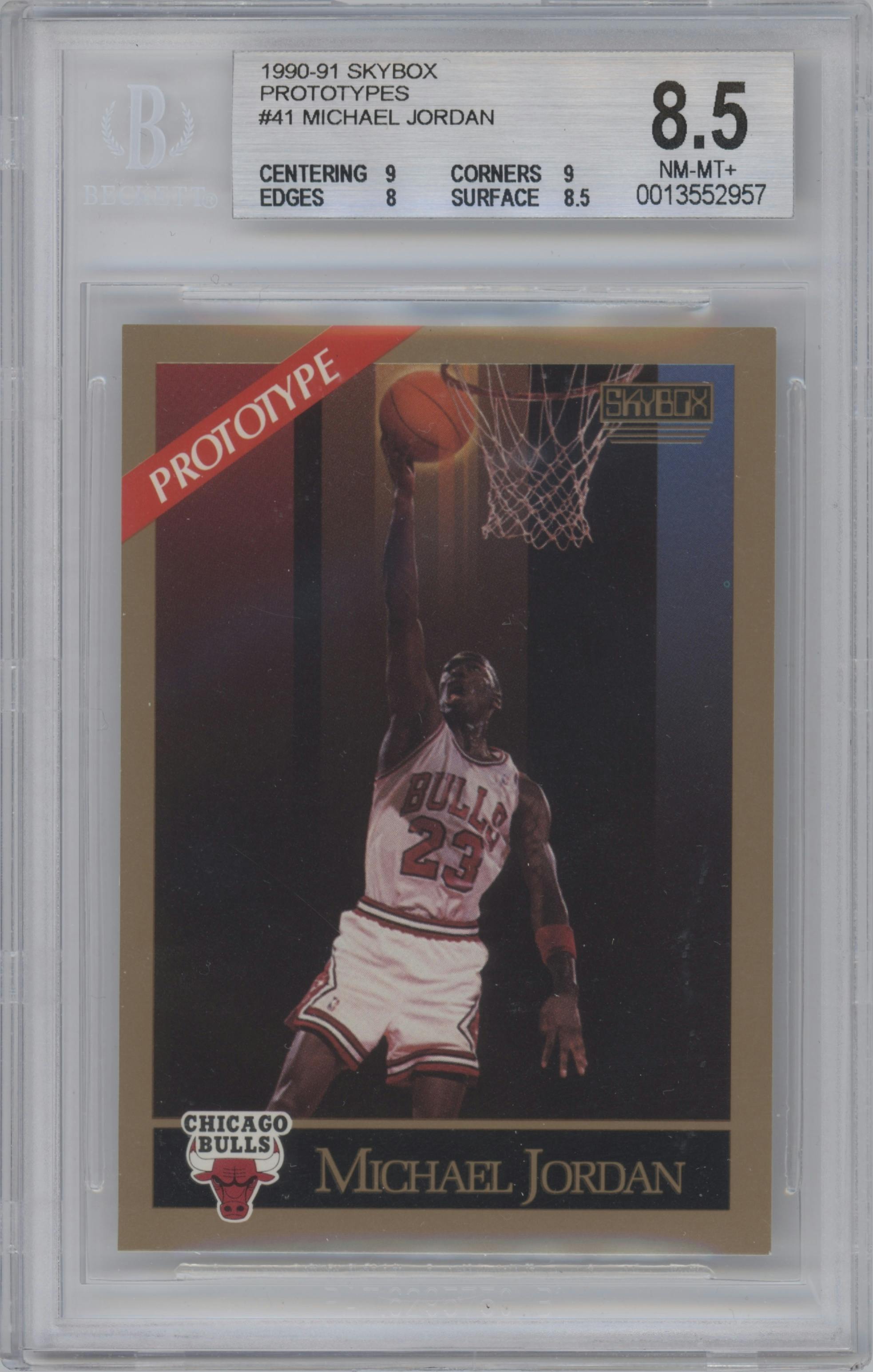 Michael Jordan from the 1990-91 SkyBox  set graded by Beckett and given an overall grade of 8.5.