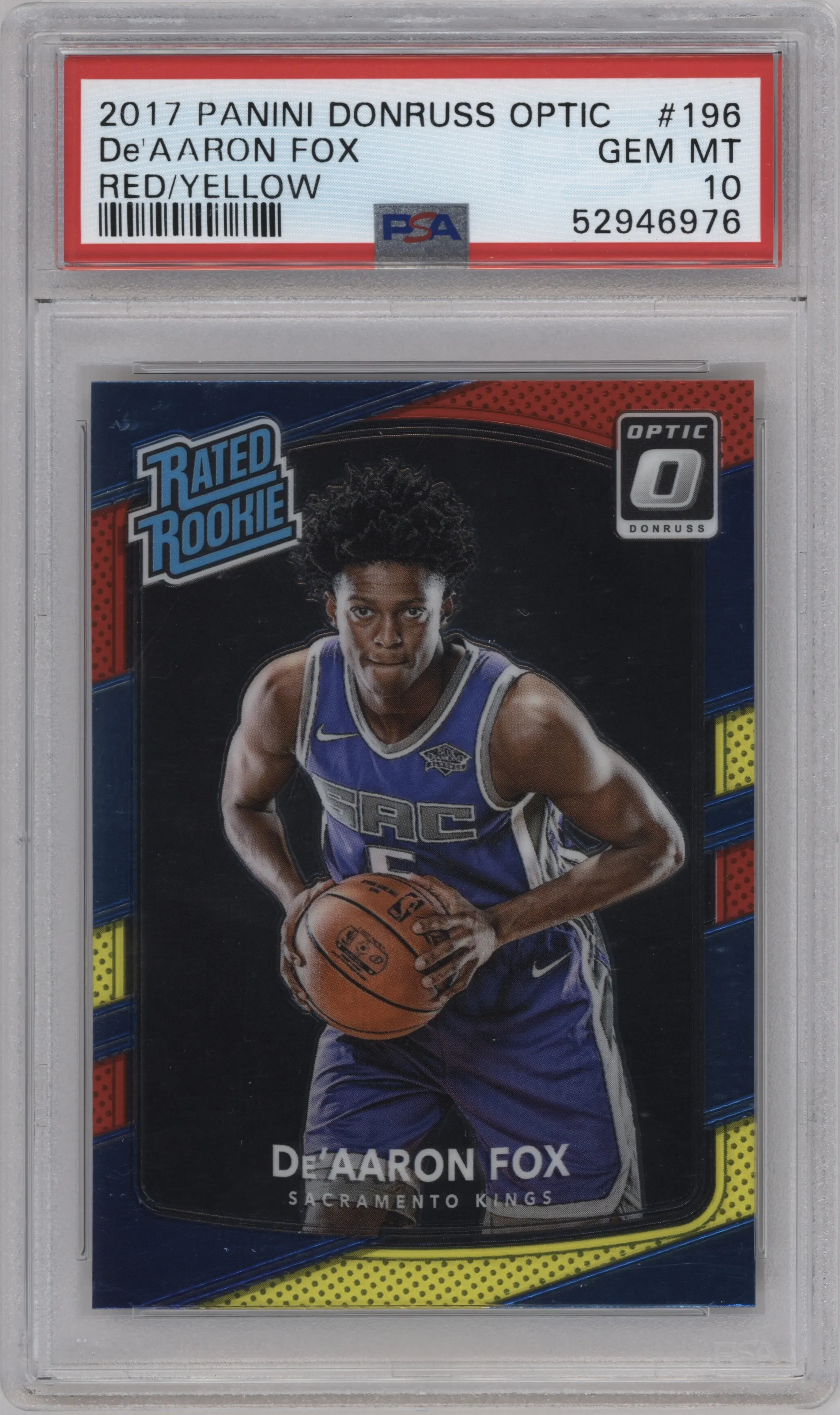 2017 Panini Donruss Optic Rated Rookie De'Aaron Fox Red/Yellow PSA 10