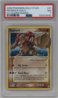 Regirock Gold Star from the 2006 Pokemon EX set graded by PSA and given an overall grade of 7.