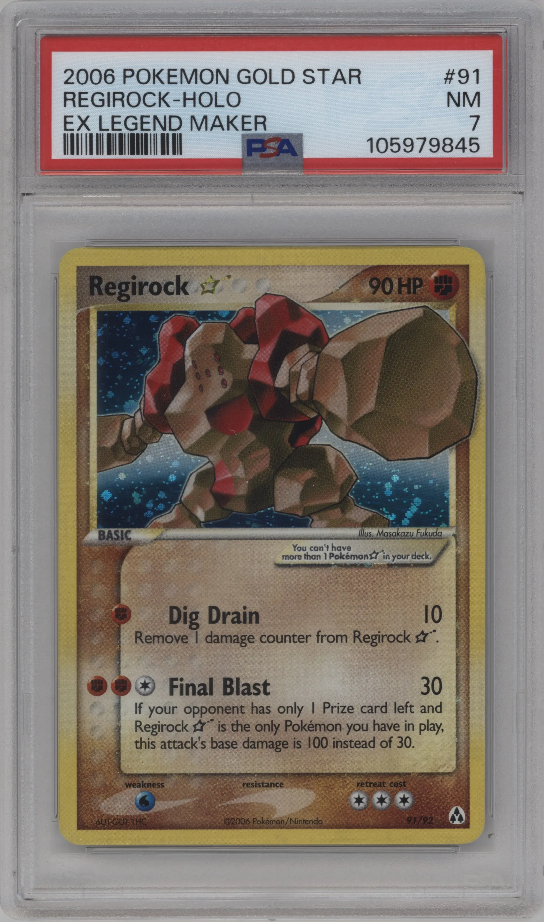 Regirock Gold Star from the 2006 Pokemon EX set graded by PSA and given an overall grade of 7.