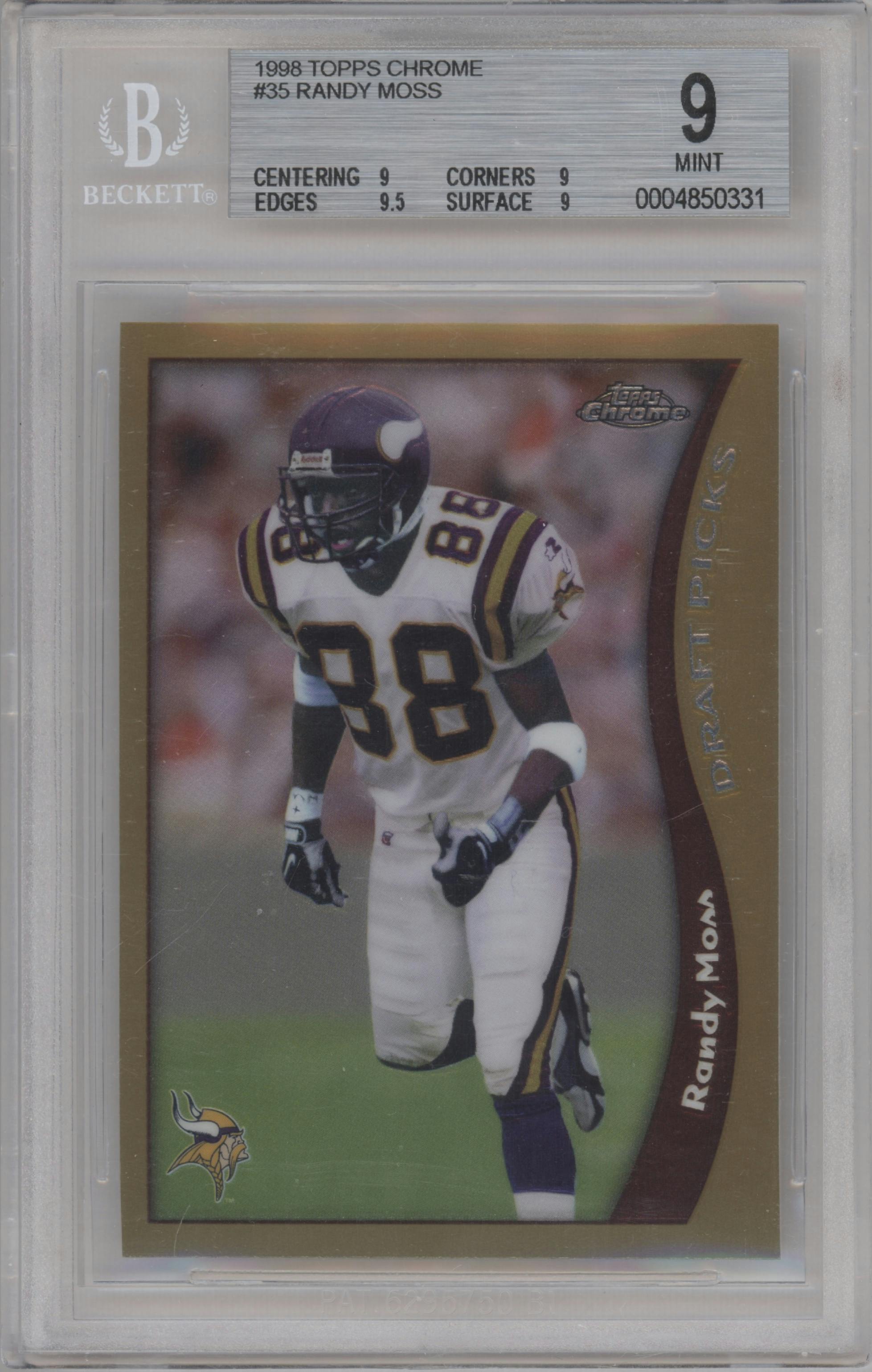 Randy Moss from the 1998 Topps Chrome set graded by Beckett and given an overall grade of 9.