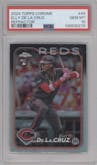 Elly De La Cruz from the 2024 Topps Chrome set featuring a Refractor parallel graded by PSA and given an overall grade of 10.